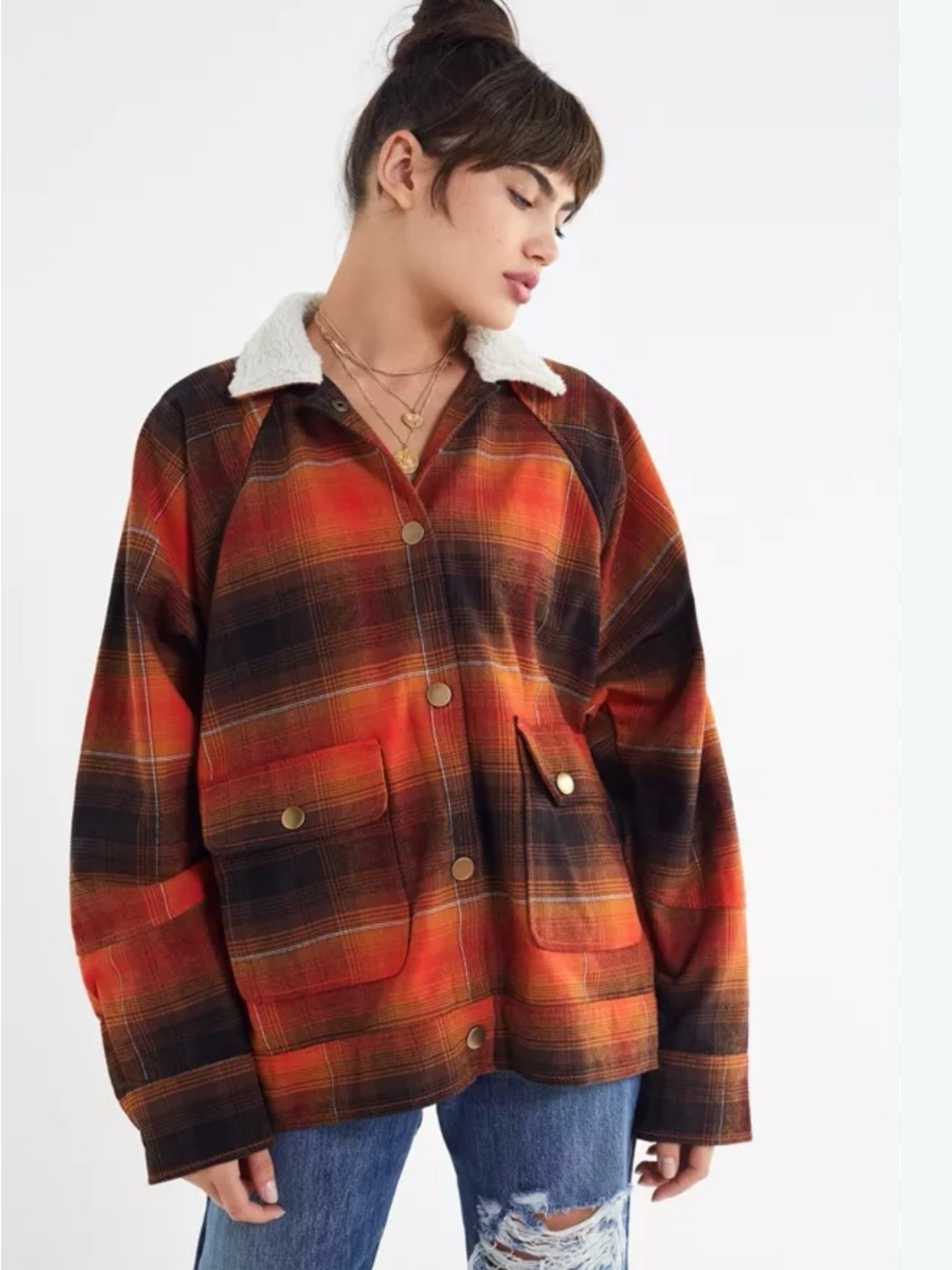 Women's Orange Plaid Sherpa Collar Jacket